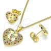 Oro Laminado Earring and Pendant Adult Set, Gold Filled Style Heart Design, with Garnet and White Micro Pave, Polished, Golden Finish, 10.199.0068.2