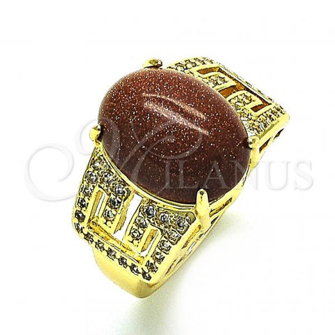 Oro Laminado Multi Stone Ring, Gold Filled Style Greek Key Design, with Brown  and White Micro Pave, Polished, Golden Finish, 01.210.0134.09