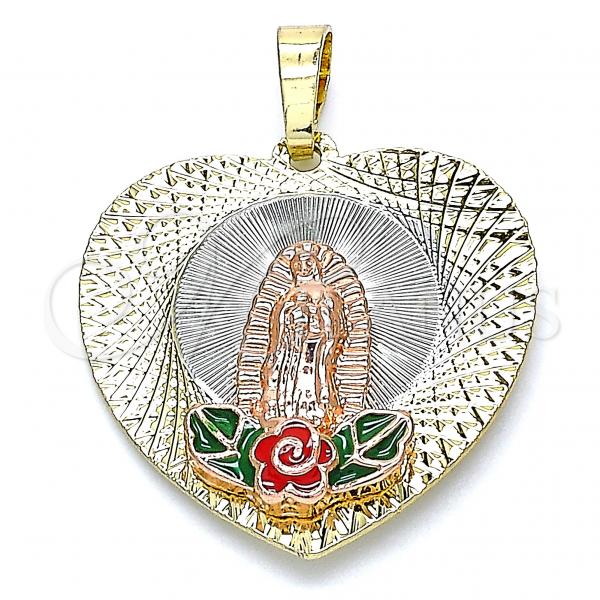 Oro Laminado Religious Pendant, Gold Filled Style Guadalupe and Flower Design, Multicolor Enamel Finish, Tricolor, 05.380.0099