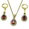 Oro Laminado Earring and Pendant Adult Set, Gold Filled Style Teardrop Design, with Garnet Cubic Zirconia and White Micro Pave, Polished, Golden Finish, 10.387.0006