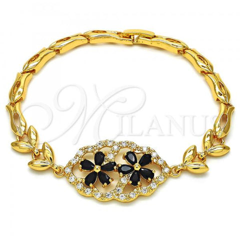 Oro Laminado Fancy Bracelet, Gold Filled Style Flower and Fish Design, with Black and White Cubic Zirconia, Polished, Golden Finish, 03.266.0032.1.08