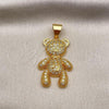 Oro Laminado Fancy Pendant, Gold Filled Style Teddy Bear and Bow Design, with White Micro Pave, Polished, Golden Finish, 05.342.0169