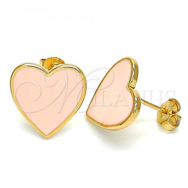 Oro Laminado Stud Earring, Gold Filled Style Heart Design, Pink Enamel Finish, Golden Finish, 02.213.0218