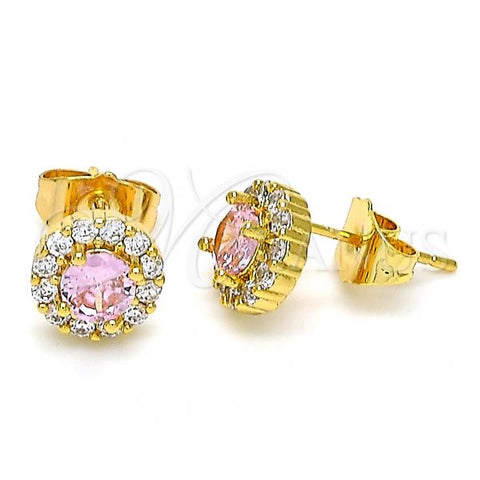 Oro Laminado Stud Earring, Gold Filled Style with Pink Cubic Zirconia and White Micro Pave, Polished, Golden Finish, 02.310.0028.1