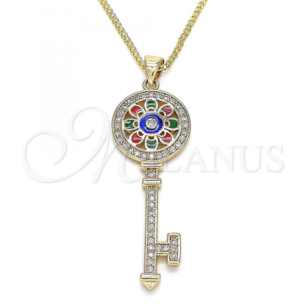 Oro Laminado Pendant Necklace, Gold Filled Style key and Flower Design, with White Micro Pave, Multicolor Enamel Finish, Golden Finish, 04.213.0191.20
