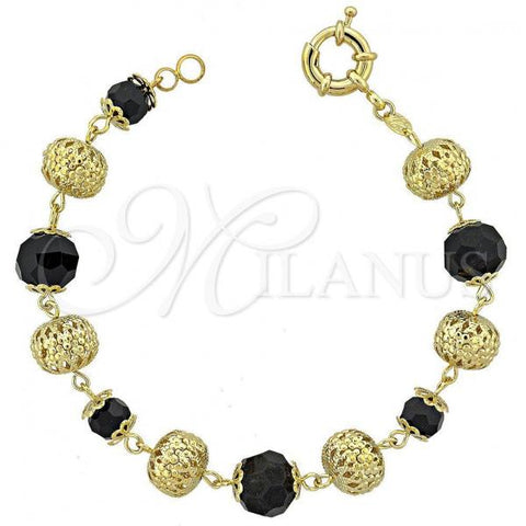 Oro Laminado Fancy Bracelet, Gold Filled Style Ball Design, with Black Azavache, Diamond Cutting Finish, Golden Finish, 5.038.001