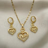 Oro Laminado Earring and Pendant Adult Set, Gold Filled Style Heart and Mom Design, with White Micro Pave, Polished, Golden Finish, 10.196.0066.1