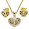 Oro Laminado Earring and Pendant Adult Set, Gold Filled Style Heart Design, with Garnet and White Micro Pave, Polished, Golden Finish, 10.156.0149.2