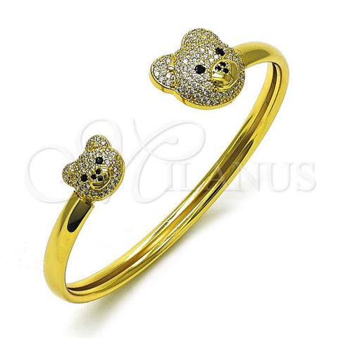 Oro Laminado Individual Bangle, Gold Filled Style Teddy Bear Design, with White and Black Micro Pave, Polished, Golden Finish, 07.368.0012