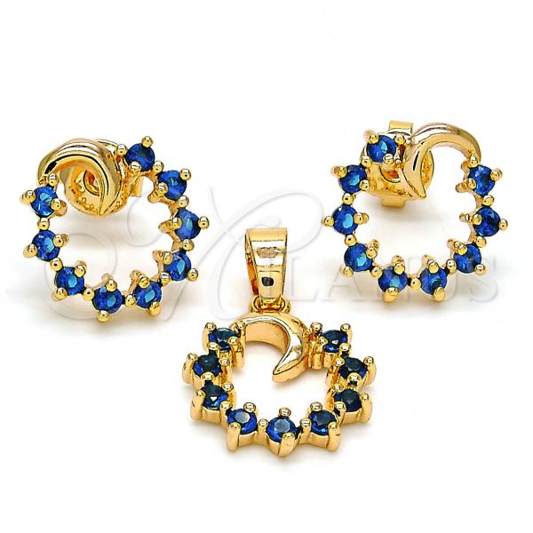 Oro Laminado Earring and Pendant Adult Set, Gold Filled Style Moon Design, with Sapphire Blue Cubic Zirconia, Polished, Golden Finish, 10.214.0009.6