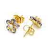 Oro Laminado Stud Earring, Gold Filled Style Flower Design, with Amethyst and White Cubic Zirconia, Polished, Golden Finish, 02.310.0044