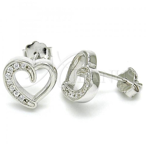 Sterling Silver Stud Earring, Heart Design, with White Cubic Zirconia, Polished, Rhodium Finish, 02.336.0106