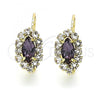 Oro Laminado Leverback Earring, Gold Filled Style Leaf Design, with Amethyst and White Cubic Zirconia, Polished, Golden Finish, 02.122.0082.6