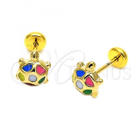 Oro Laminado Stud Earring, Gold Filled Style Turtle Design, Multicolor Enamel Finish, Golden Finish, 02.09.0023