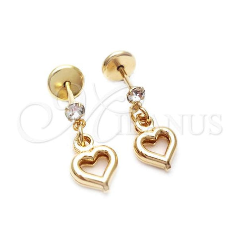 Oro Laminado Stud Earring, Gold Filled Style Heart Design, with White Cubic Zirconia, Turquoise Polished, Golden Finish, 02.58.0015