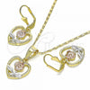 Oro Laminado Earring and Pendant Adult Set, Gold Filled Style Heart and Flower Design, Polished, Tricolor, 10.351.0003