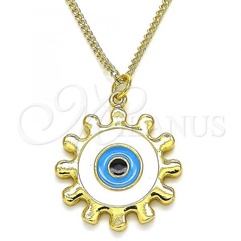 Oro Laminado Pendant Necklace, Gold Filled Style Evil Eye and Sun Design, White Enamel Finish, Golden Finish, 04.313.0063.20