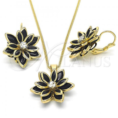 Oro Laminado Earring and Pendant Adult Set, Gold Filled Style Flower Design, with Black and White Crystal, Polished, Golden Finish, 10.64.0157.4