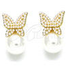 Oro Laminado Stud Earring, Gold Filled Style Butterfly Design, with Ivory Pearl, Polished, Golden Finish, 02.379.0010