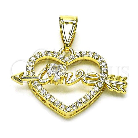 Oro Laminado Fancy Pendant, Gold Filled Style Heart and Arrow Design, with White Cubic Zirconia and White Micro Pave, Polished, Golden Finish, 05.411.0035