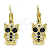 Oro Laminado Leverback Earring, Gold Filled Style Owl Design, with Black and White Micro Pave, Polished, Golden Finish, 02.210.0380.2