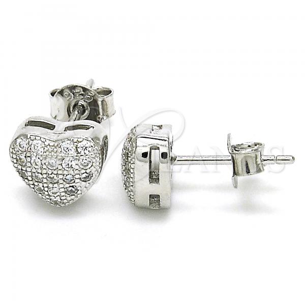 Sterling Silver Stud Earring, Heart Design, with White Micro Pave, Polished, Rhodium Finish, 02.336.0104