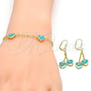 Oro Laminado Earring and Pendant Children Set, Gold Filled Style Heart Design, with White Crystal, Turquoise Enamel Finish, Golden Finish, 06.60.0003