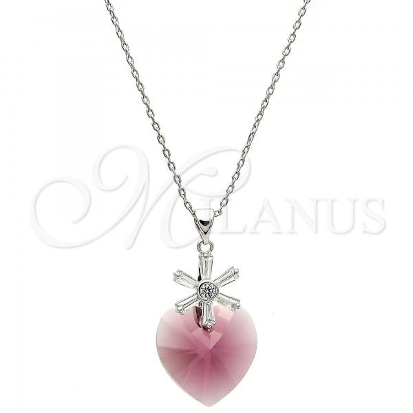Rhodium Plated Pendant Necklace, Heart and Flower Design, with Amethyst Swarovski Crystals and White Cubic Zirconia, Polished, Rhodium Finish, 04.239.0019.1.16
