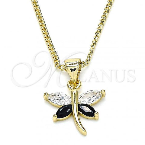 Oro Laminado Pendant Necklace, Gold Filled Style Dragon-Fly Design, with Black and White Cubic Zirconia, Polished, Golden Finish, 04.213.0208.1.24