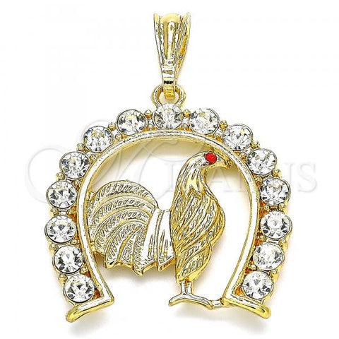 Oro Laminado Religious Pendant, Gold Filled Style with White and Garnet Crystal, Polished, Golden Finish, 05.351.0149