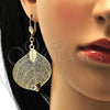 Oro Laminado Dangle Earring, Gold Filled Style Leaf and Filigree Design, with White Crystal, Polished, Golden Finish, 80.004