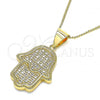 Oro Laminado Pendant Necklace, Gold Filled Style Hand of God Design, with White Micro Pave, Polished, Golden Finish, 04.342.0062.20