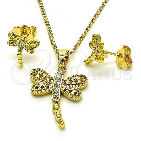 Oro Laminado Earring and Pendant Adult Set, Gold Filled Style Dragon-Fly Design, with White Cubic Zirconia, Polished, Golden Finish, 10.210.0165