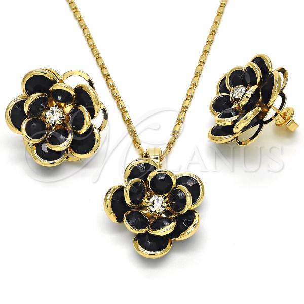 Oro Laminado Earring and Pendant Adult Set, Gold Filled Style Flower Design, with Black and White Crystal, Polished, Golden Finish, 10.64.0156.4