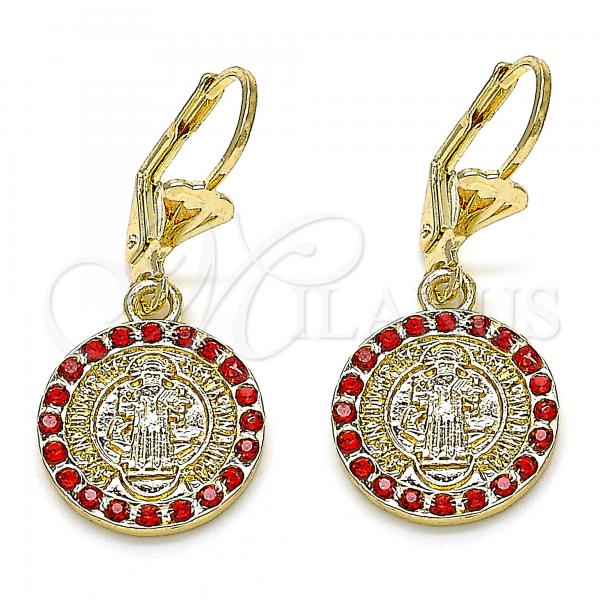 Oro Laminado Dangle Earring, Gold Filled Style San Benito Design, with Garnet Crystal, Polished, Golden Finish, 02.351.0020.2