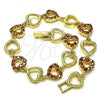 Oro Laminado Fancy Bracelet, Gold Filled Style Heart Design, with Garnet Cubic Zirconia, Polished, Golden Finish, 03.284.0018.1.08