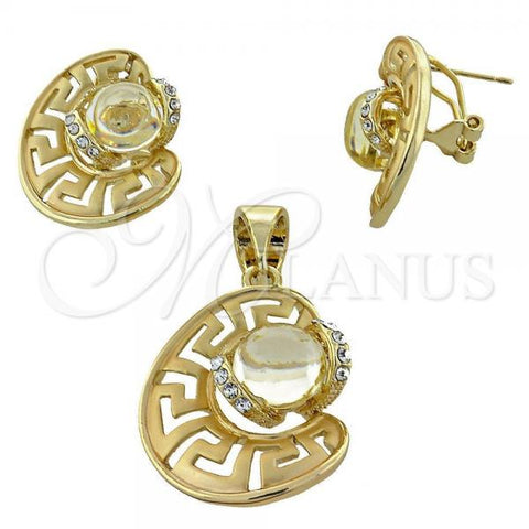 Oro Laminado Earring and Pendant Adult Set, Gold Filled Style Greek Key and Ball Design, with Light Yellow Opal and White Crystal, Matte Finish, Golden Finish, 10.91.0088.1
