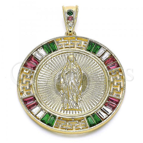 Oro Laminado Religious Pendant, Gold Filled Style Centenario Coin and Guadalupe Design, with Multicolor Cubic Zirconia, Polished, Golden Finish, 05.351.0094.1