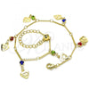 Oro Laminado Charm Anklet , Gold Filled Style Heart and Rattle Charm Design, with Multicolor Crystal, Polished, Golden Finish, 03.213.0074.10