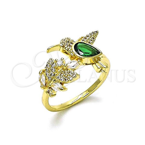 Oro Laminado Multi Stone Ring, Gold Filled Style Bird and Leaf Design, with Green and White Cubic Zirconia, Polished, Golden Finish, 01.196.0023.3