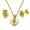 Oro Laminado Earring and Pendant Adult Set, Gold Filled Style Heart Design, with White Cubic Zirconia, Polished, Golden Finish, 10.156.0494