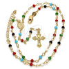 Oro Laminado Thin Rosary, Gold Filled Style Guadalupe and Crucifix Design, with Multicolor Azavache, Polished, Golden Finish, 09.63.0103.1.18
