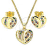 Oro Laminado Earring and Pendant Adult Set, Gold Filled Style Heart Design, with Multicolor Micro Pave, Polished, Golden Finish, 10.94.0002.2
