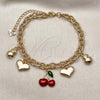 Oro Laminado Charm Bracelet, Gold Filled Style Cherry and Heart Design, Red Enamel Finish, Golden Finish, 03.282.0006.07