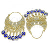 Oro Laminado Long Earring, Gold Filled Style Elephant and Evil Eye Design, Blue Resin Finish, Golden Finish, 02.380.0057.2