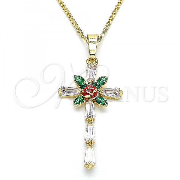 Oro Laminado Pendant Necklace, Gold Filled Style Cross and Flower Design, with White Cubic Zirconia, Red Enamel Finish, Golden Finish, 04.380.0016.20