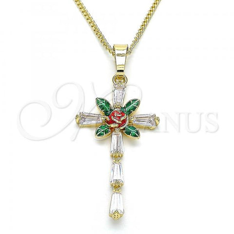 Oro Laminado Pendant Necklace, Gold Filled Style Cross and Flower Design, with White Cubic Zirconia, Red Enamel Finish, Golden Finish, 04.380.0016.20