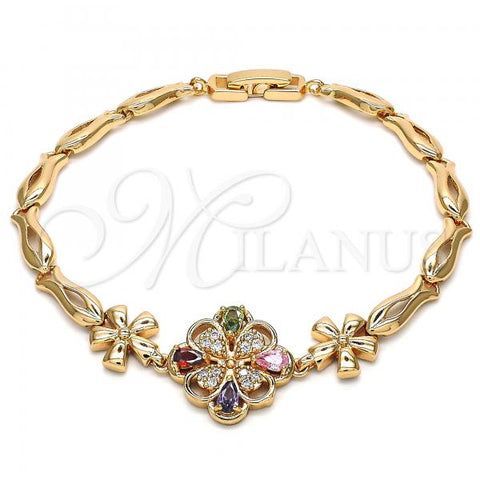 Oro Laminado Fancy Bracelet, Gold Filled Style Flower and Fish Design, with Multicolor Cubic Zirconia, Polished, Golden Finish, 03.323.0008.08