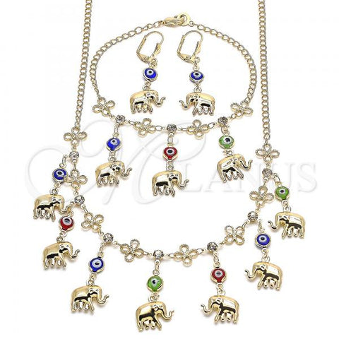 Oro Laminado Necklace, Bracelet and Earring, Gold Filled Style Evil Eye and Elephant Design, Polished, Golden Finish, 06.213.0004