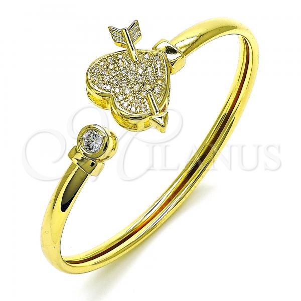 Oro Laminado Individual Bangle, Gold Filled Style Heart Design, with White Micro Pave and White Cubic Zirconia, Polished, Golden Finish, 07.381.0003